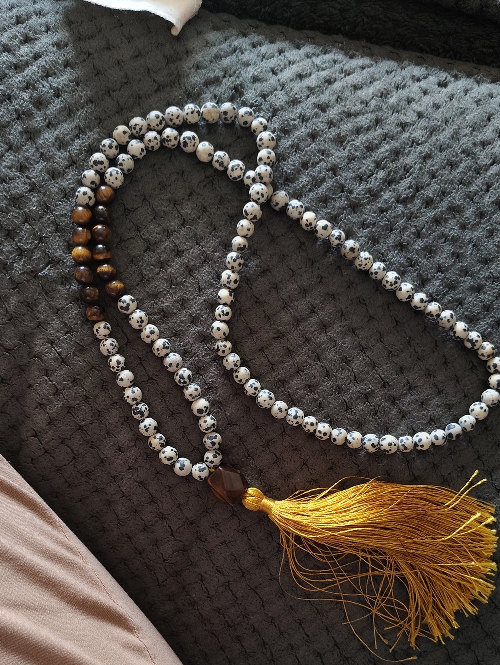 Dalmatian Jasper And Tigers Eye Beaded Necklace with Gold Tassel